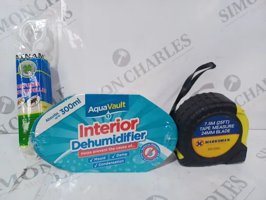 APPROXIMATELY 10 ASSORTED HOUSEHOLD ITEMS TO INCLUDE INTERIOR DEHUMIDIFIER, TAPE MEASURE, PERFUMED INSECT REPELLANT, ETC