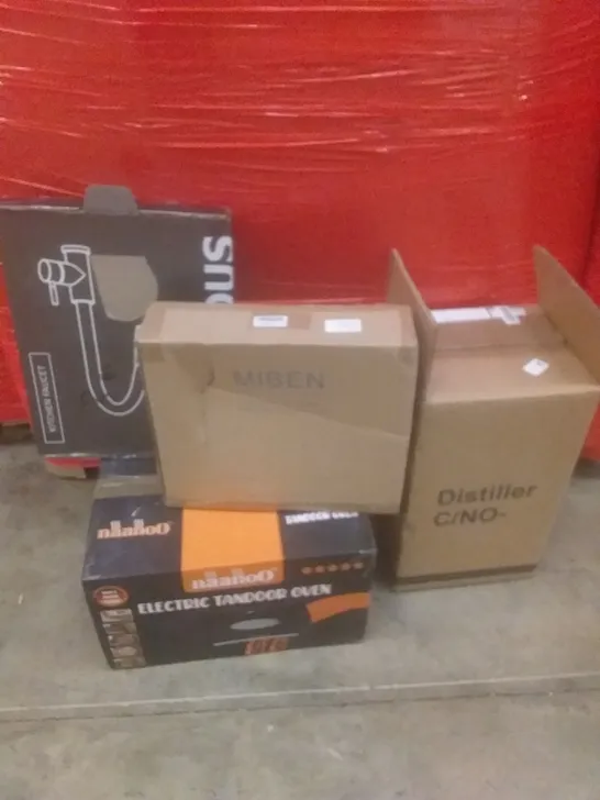 PALLET OF ASSORTED ITEMS INCLUDING ELECTRIC TANDOOR OVEN, DISTILLER, KITCHEN FAUCET 