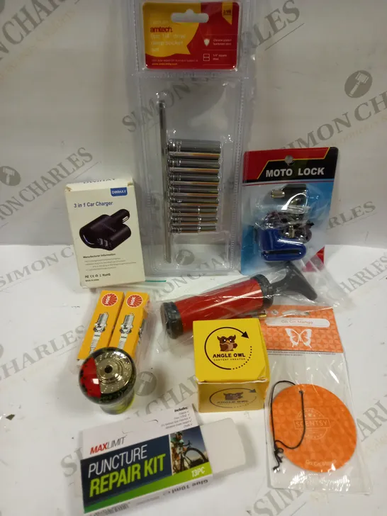 BOX OF APPROXIMATELY 20 ASSORTED VEHICULAR PRODUCTS TO INCLUDE DEEP SOCKET SET, SPARK PLUGS, PUNCTURE REPAIR KIT ETC 