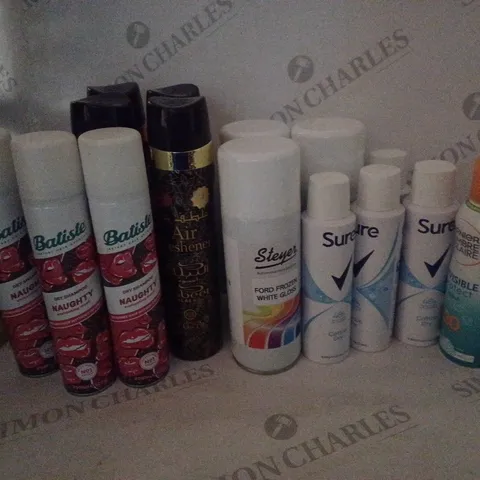 BOX OF HO7USEHOLD ITEMS TO INCLUDE BATISTE DRY SHAMPOO , STEYER FORD FROZEN WHITE GLOSS , ETC