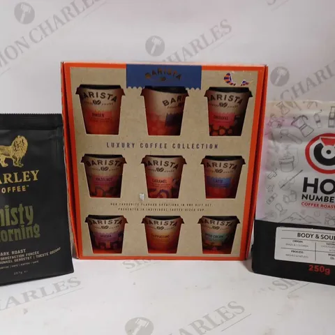 BOX OF APPROX 5 ITEMS TO INCLUDE BARISTA COFFEE COLLECTION, MARLEY MISTY MORNING COFFEE, HOT NUMBERS BODY AND SOUL COFFEE