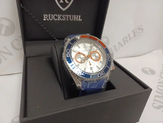 RUCKSTUHL R400 MENS CHRONOGRAPH WATCH - BLUE & ORANGE BEZEL - STAINLESS STEEL CASE - BLUE RUBBER STRAP - DISPLAY BOX