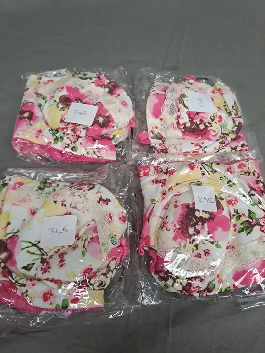 BOX OF APPROX 35 ASSORTED INK CREAM FLORAL BRAS  SIZES VERY 