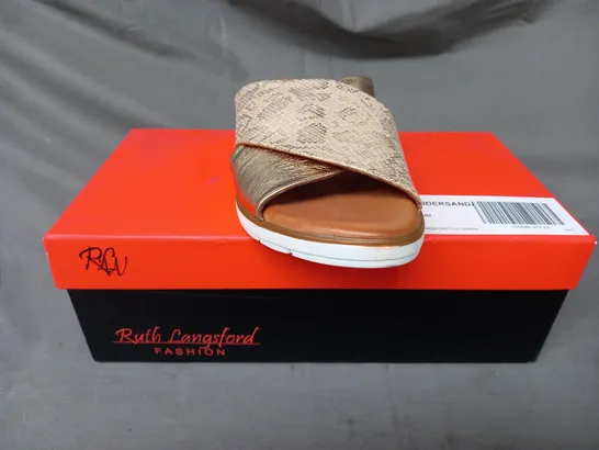 BOXED PAIR OF RUTH LANGSFORD FLAT SANDALS IN METALLIC CHAMPAGNE GOLD SIZE 5