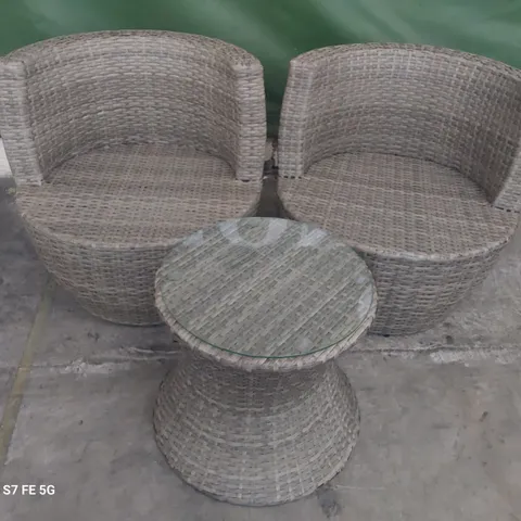 DESIGNER GREY RATTAN EFFECT COFFEE SET OF TABLE & 2 CHAIRS