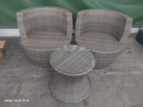 DESIGNER GREY RATTAN EFFECT COFFEE SET OF TABLE & 2 CHAIRS