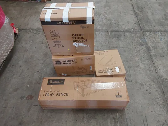 PALLET OF ASSORTED HOUSEHOLD ITEMS AND CONSUMER PRODUCTS TO INCLUDE; OFFICE STOOL, PLAYPEN, TOILET SEAT, VACUUM CLEANER ETC