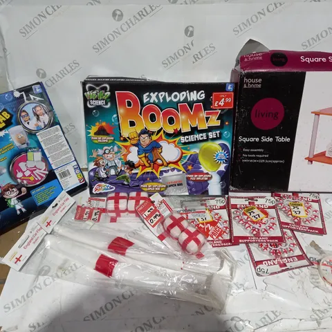 BOX OF ASSORTED ITEMS TO INCLUDE: THE CRAZY KITCHEN LAB, EXPLODING BOOMZ SCIENCE SET, SQUARE SIDE TABLE, ENGLAND FLAGS/DICE