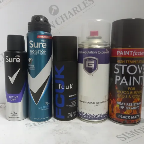 BOX OF APPROX 15 ASSORTED AEROSOLS TO INCLUDE SURE MEN DEODORANT, FCUK BODY SPRAY, PAINTFACTORY STOVE PAINT, ETC 