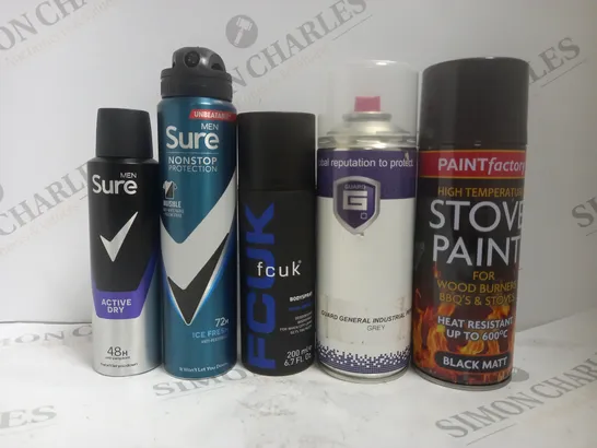 BOX OF APPROX 15 ASSORTED AEROSOLS TO INCLUDE SURE MEN DEODORANT, FCUK BODY SPRAY, PAINTFACTORY STOVE PAINT, ETC 