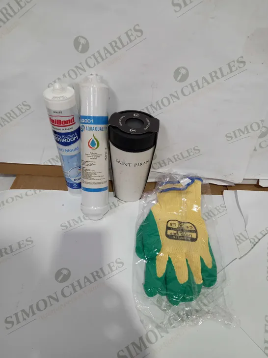 LARGE BOX OF HOUSEHOLD ITEMS TO INCLUDE UNIBOND SILICONE SEALANT,AURELIA LATEX GRIP GLOVES, CIRCULAR&CO. CUP