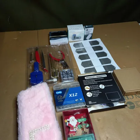 BOX OF ASSORTED ITEMS TO INCLUDE WINDOW ALARMS, TEMP-PULSE OXIMETER AND BIKE CHAINS 