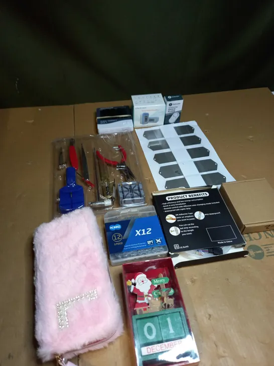 BOX OF ASSORTED ITEMS TO INCLUDE WINDOW ALARMS, TEMP-PULSE OXIMETER AND BIKE CHAINS 