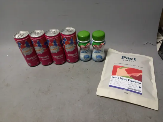 LOT OF APPROXMATELY 8 ITEMS TO INCLUDE  - KOMBUCHA MIXED BERRY, PACT COFFEE, AND NUTRIPREM 2 ETC.