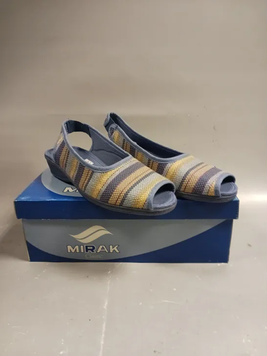 BOXED PAIR OF MIRAK CLASSIC OPEN TOE SLIP ON SANDLES IN BLUE - SIZE 6