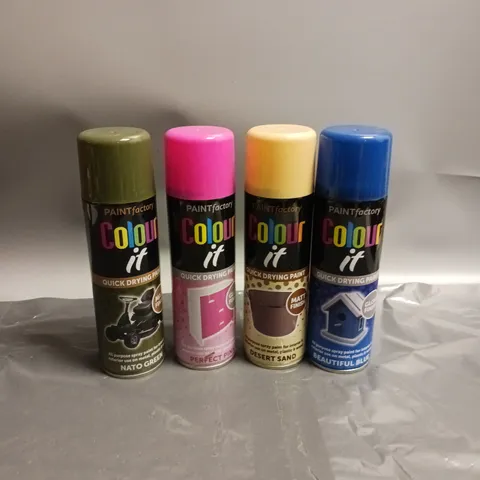 LOT OF APPROX 45 PAINT FACTORY COLOUR IT SPRAY PAINT CANS. VARIOUS COLOURS AND FINISHES