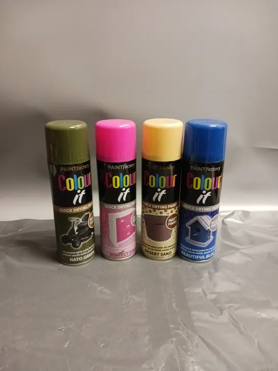 LOT OF APPROX 45 PAINT FACTORY COLOUR IT SPRAY PAINT CANS. VARIOUS COLOURS AND FINISHES