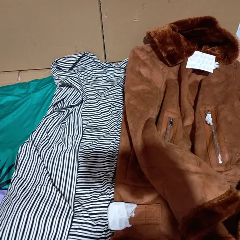 LOT OF 3 ITEMS INCLUDING TROUSERS (GREEN, LOOSE, SIZE 16 UK), DRESS (BLACK/WHITE STRIPES, SIZE L) AND JACKET (BROWN, SIZE S)