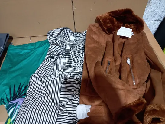 LOT OF 3 ITEMS INCLUDING TROUSERS (GREEN, LOOSE, SIZE 16 UK), DRESS (BLACK/WHITE STRIPES, SIZE L) AND JACKET (BROWN, SIZE S)