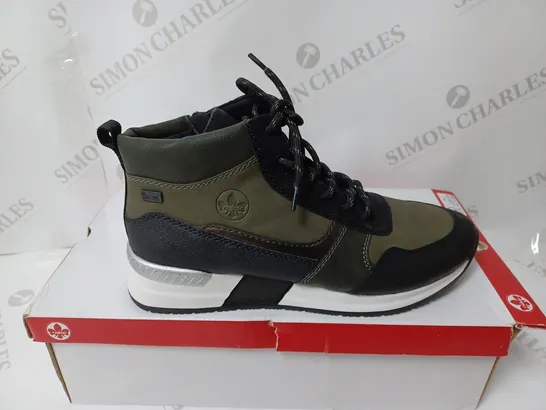 BOXED PAIR OF RIEKER HIGH TOP TRAINER BOOTS, KHAKI - SIZE 6