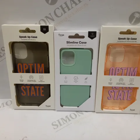 BOX OF APPROXIMATELY 55 TYPO PHONES CASES ('SLIMLINE CASE' & 'SPEAK UP CASE') FOR IPHONE 11, 12 MINI, 12/12PRO IN VARYING COLOURS