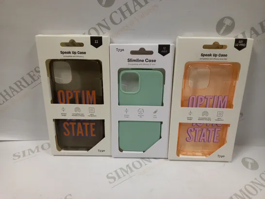 BOX OF APPROXIMATELY 55 TYPO PHONES CASES ('SLIMLINE CASE' & 'SPEAK UP CASE') FOR IPHONE 11, 12 MINI, 12/12PRO IN VARYING COLOURS