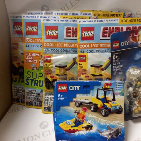 LOT OF ASSORTED LEGO TOYS TO INCLUDE 60286 LEGO CITY BEACH RESCUE ATV SET, LEGO 40345 MARS EXPLORATION MINIFIGURE PACK, AND 7 X LEGO EXPLORER MAGAZINE ISSUE 23
