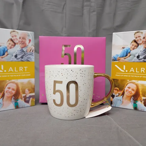 APPROXIMATELY 15 ASSORTED ITEMS TO INCLUDE A.ALRT PERSONAL ALARM, 50TH BIRTHDAY MUG, VEHICLE EXHAUST, ETC - COLLECTION ONLY