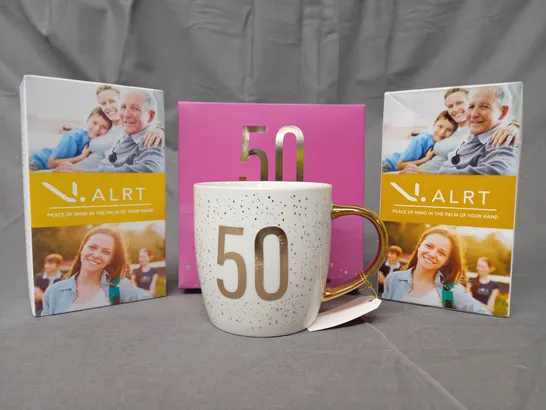 APPROXIMATELY 15 ASSORTED ITEMS TO INCLUDE A.ALRT PERSONAL ALARM, 50TH BIRTHDAY MUG, VEHICLE EXHAUST, ETC - COLLECTION ONLY