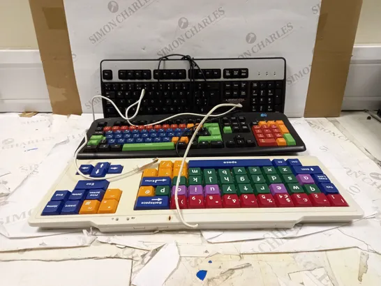 LOT OF APPROXIMATELY 10 KEYBOARDS TO INCLUDE KIDS COLOURED KEYBOARD (24-0228), HP WIRED KEYBOARD (KU-0316), LARGE KEY FORMAT KEYBOARD (EL1), ETC