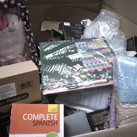PALLET OF APPROXIMATELY 7 BOXES OF ASSORTED ITEMS INCLUDING CHERRY BLOSSOM BATH GIFT SET, GUITAR HANGARS, COMPLETE SPANISH BOOK, FAMILY 2022 PLANNER, SAIJER BUTTON HAIR TOWEL