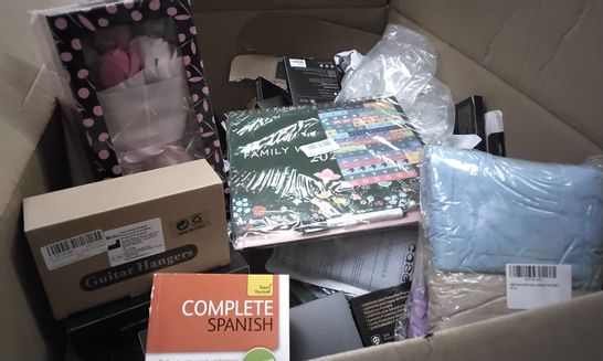 PALLET OF APPROXIMATELY 7 BOXES OF ASSORTED ITEMS INCLUDING CHERRY BLOSSOM BATH GIFT SET, GUITAR HANGARS, COMPLETE SPANISH BOOK, FAMILY 2022 PLANNER, SAIJER BUTTON HAIR TOWEL