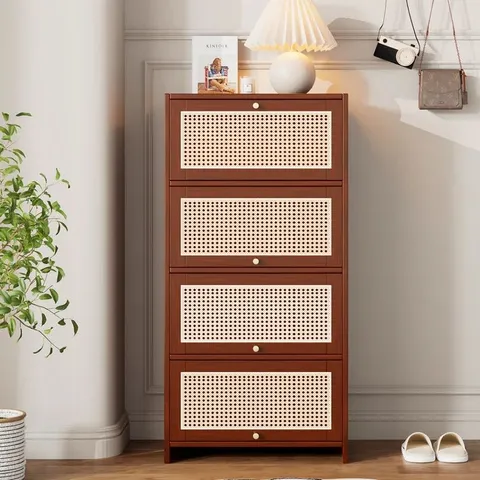 BOXED MODERN WALNUT RATTAN SHOE CABINET WITH 3 DOORS A 1 DRAWER (1 BOX)