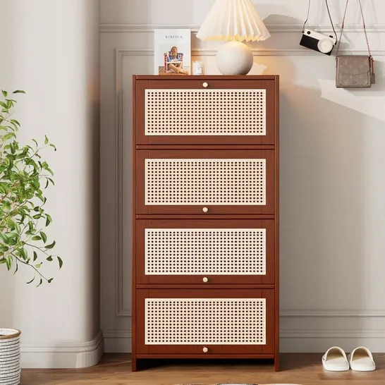 BOXED MODERN WALNUT RATTAN SHOE CABINET WITH 3 DOORS A 1 DRAWER (1 BOX)