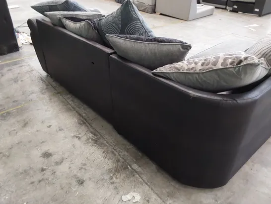 DESIGNER CHAISE SOFA WITH REVERSIBLE SCATTER CUSHIONS BLACK FAUX LEATHER & GREY FABRIC 