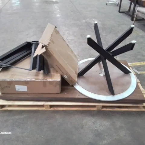 A PALLET OF ASSORTED DESIGNER DINNING TABLE PARTS, TO INCLUDE TABLE TOPS AND LEGS ETC.