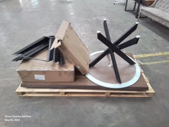 A PALLET OF ASSORTED DESIGNER DINNING TABLE PARTS, TO INCLUDE TABLE TOPS AND LEGS ETC.