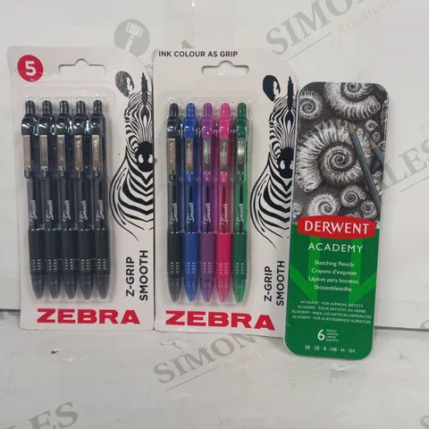 LOT OF APPROXIMATELY 10 ASSORTED HOUSEHOLD ITEMS TO INCLUDE DERWENT ACADEMY SKETCHING PENCILS, ZEBRA PACK OF PENS, ETC