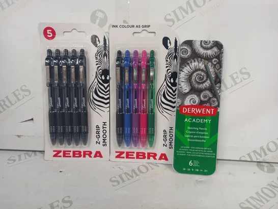 LOT OF APPROXIMATELY 10 ASSORTED HOUSEHOLD ITEMS TO INCLUDE DERWENT ACADEMY SKETCHING PENCILS, ZEBRA PACK OF PENS, ETC