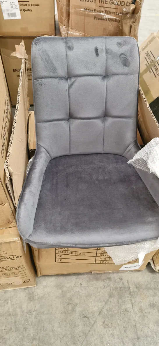 A BOXED PAIR OF DARK GREY SOFT VELVET UPHOLSTERED CHAIRS (1 BOX)