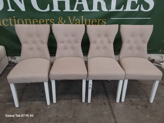 SET OF FOUR UPHOLSTERED BUTTONED BACK DINING CHAIRS NATURAL FABRIC ON WHITE LEGS 