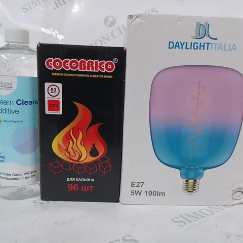 APPROXIMATELY 5 ASSORTED HOUSEHOLD ITEMS TO INCLUDE DAYLIGHT ITALIA E27 BULB, COCOBRICO CHARCOAL CUBES, STEAM CLEANER ADDITIVE, ETC - COLELCTION ONLY