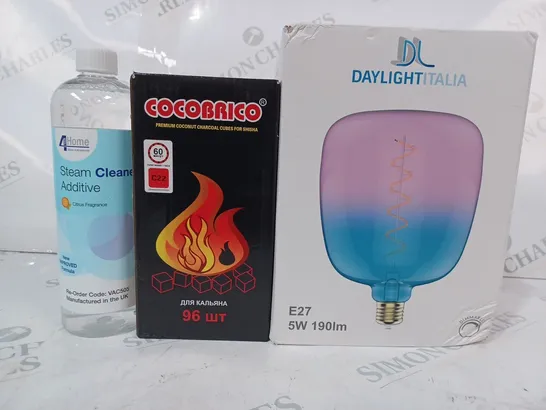 APPROXIMATELY 5 ASSORTED HOUSEHOLD ITEMS TO INCLUDE DAYLIGHT ITALIA E27 BULB, COCOBRICO CHARCOAL CUBES, STEAM CLEANER ADDITIVE, ETC - COLELCTION ONLY