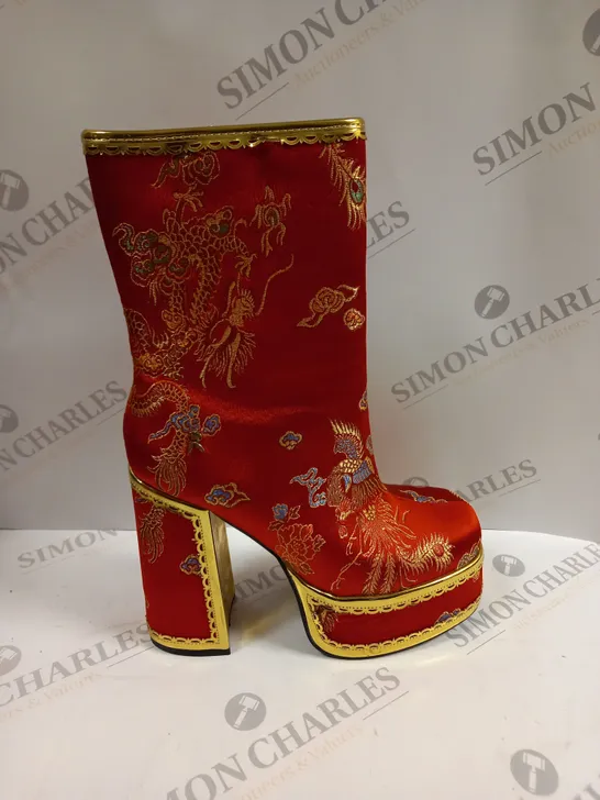 PAIR OF  KOI FOOTWEAR THE ORNATE SOUL PLAYBOY RED HEELED BOOTS - 6