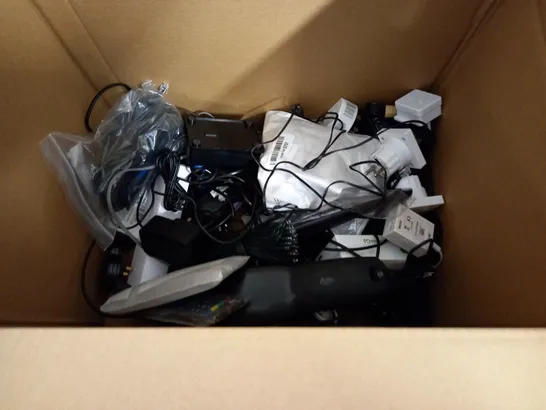 lot of assorted tech items to include various remote controls, portable card reader and charging cables
