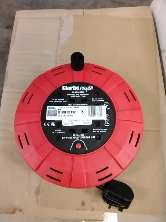 CLARKE POWER 4 SOCKET 10M CASSETTE CABLE REEL