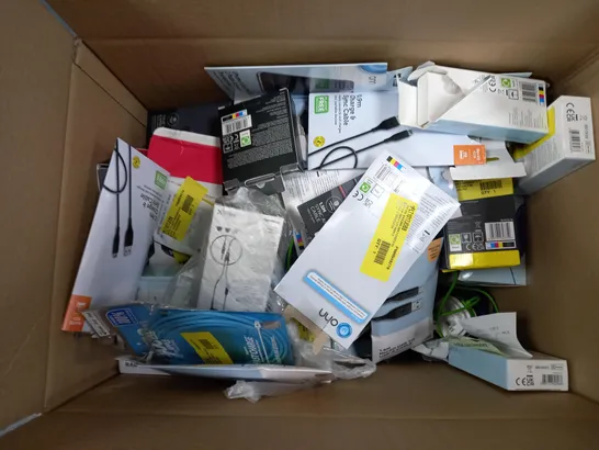 BOX OF APPROXIMATELY 30 ASSORTED ELECTRICALS TO INCLUDE RAPOO WIRELESS MOUSE, ONN WIRED HEADPHONES, ONE FOR ALL TV REMOTE, ETC