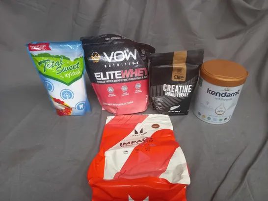 APPROXIMATELY 6 ASSORTED FOOD AND DRINK ITEMS TO INCLUDE KENDAMIL, CREATINE, TOTAL SWEET, ELITE WHEY AND MY PROTEIN - COLLECTION ONLY