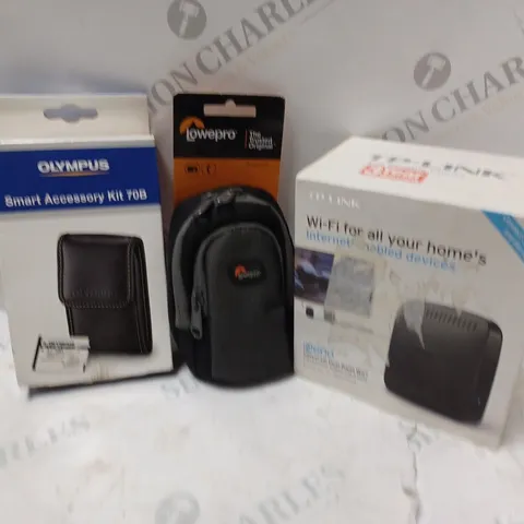 APPROXIMATELY 20 ASSORTED ITEMS TO INCLUDE OLYMPUS SMART ACCESSORY KIT 70B, LOWEPRO PORTLAND 20 BAG, TP-LINK N500, ETC