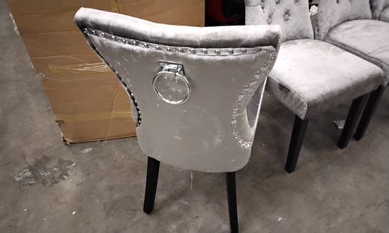 DESIGNER SET OF 4 PLUSH SILVER DINING CHAIRS WITH BLACK LEGS AND SHAPED BACKS